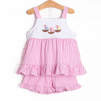 Ocean Adventure Embroidered Ruffle Short Set, Pink