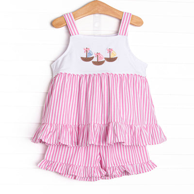 Ocean Adventure Embroidered Ruffle Short Set, Pink