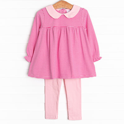  This set features a magenta stripe, a pink peter pan collar, and matching pink leggings. 
