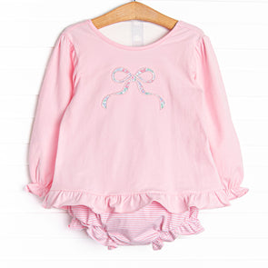 Rosebud Bow Applique Diaper Set, Pink