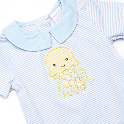 Blue Sea Stinger Applique Short Romper, Blue