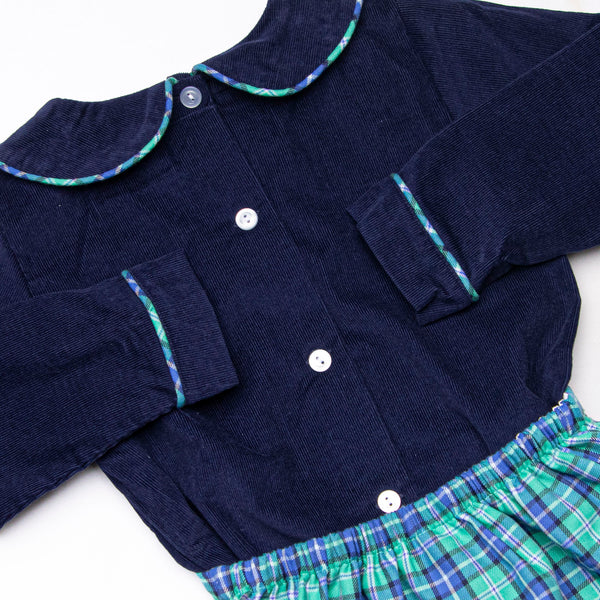Bleu: Callum Classic Long Sleeve Diaper Set, Blue and Green Plaid