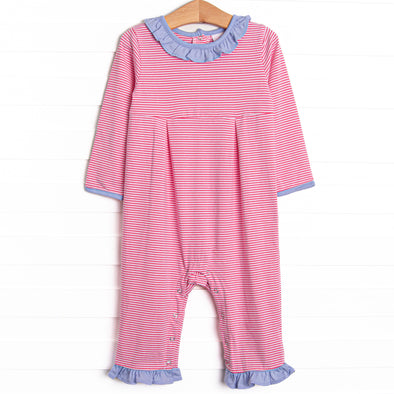 Lexie Ruffle Romper, Periwinkle and Medium Pink Stripe