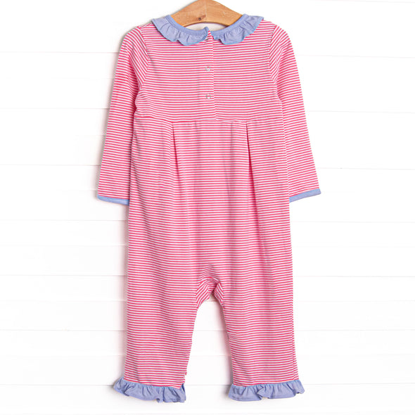 Lexie Ruffle Romper, Periwinkle and Medium Pink Stripe