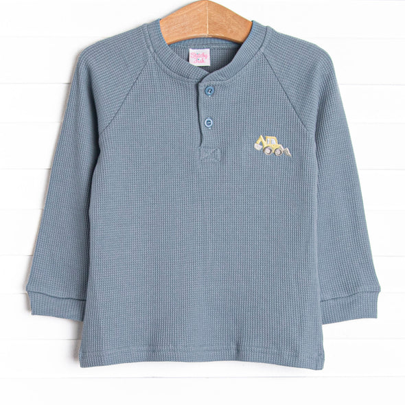 Bulldoze Builder Embroidered Waffle Knit Top, Blue