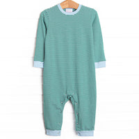 The Romper features long sleeves, snaps in the stride to make changing a breeze, and soft knit material.