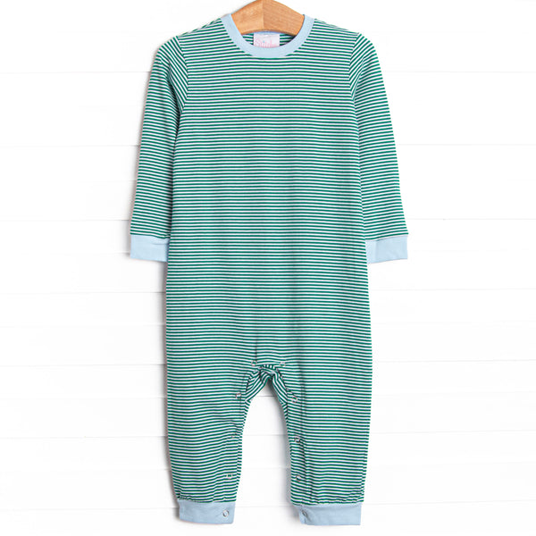 The Romper features long sleeves, snaps in the stride to make changing a breeze, and soft knit material.