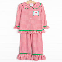 Our Smocked Santa Ruffle Lounge Set&nbsp;includes soft red stripes, green ric rac trim, and a smocked&nbsp;Santa Claus.