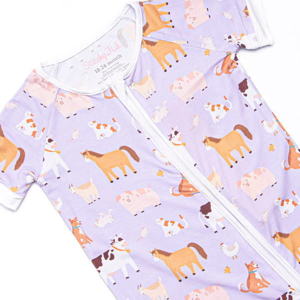 Barnyard Bedtime Bamboo Short Zippy Pajama, Purple