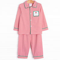 Our Smocked Santa Lounge Set includes soft red stripes, green piping, and a smocked Santa Claus.