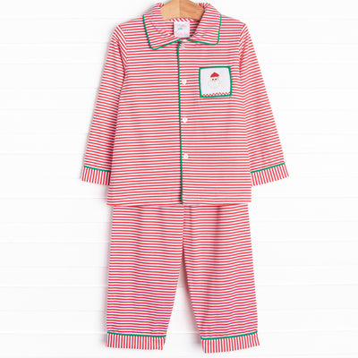 Our Smocked Santa Lounge Set includes soft red stripes, green piping, and a smocked Santa Claus.