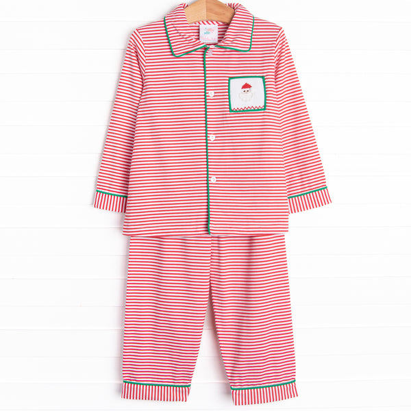 Our Smocked Santa Lounge Set includes soft red stripes, green piping, and a smocked Santa Claus.