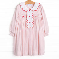 Bleu: Dottie Decor Smocked Long Sleeve Dress, Red