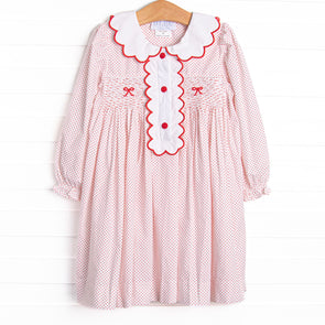 Bleu: Dottie Decor Smocked Long Sleeve Dress, Red