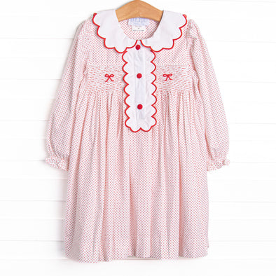 Bleu: Dottie Decor Smocked Long Sleeve Dress, Red