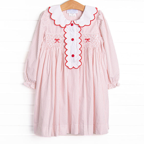Bleu: Dottie Decor Smocked Long Sleeve Dress, Red