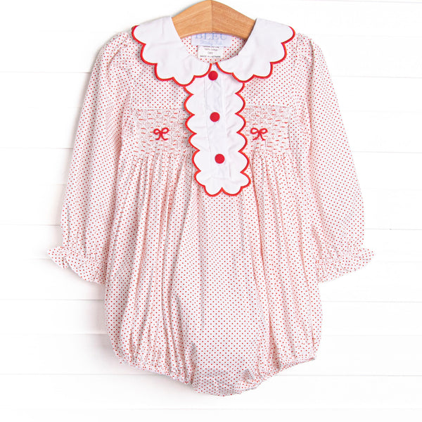 Bleu: Dottie Decor Smocked Long Sleeve Bubble, Red