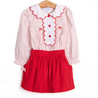 Bleu: Dottie Decor Smocked Long Sleeve Skirt Set, Red
