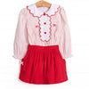 Bleu: Dottie Decor Smocked Long Sleeve Skirt Set, Red
