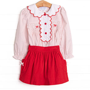 Bleu: Dottie Decor Smocked Long Sleeve Skirt Set, Red