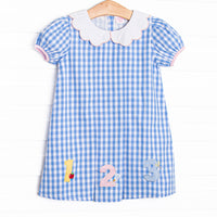 Count on Me Applique Dress, Blue Check