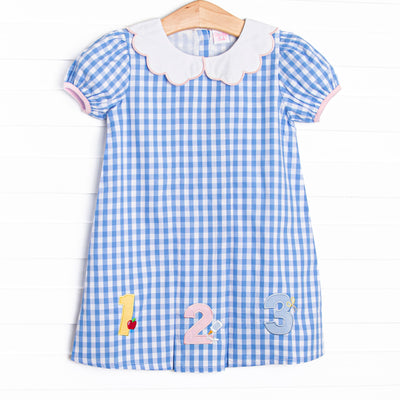 Count on Me Applique Dress, Blue Check