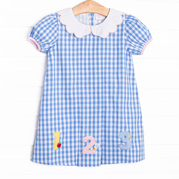 Count on Me Applique Dress, Blue Check