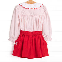 Bleu: Dottie Decor Smocked Long Sleeve Skirt Set, Red