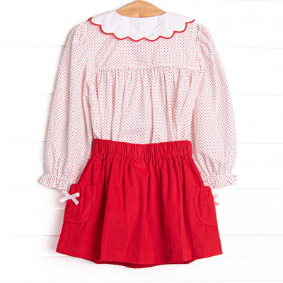 Bleu: Dottie Decor Smocked Long Sleeve Skirt Set, Red