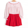 Bleu: Dottie Decor Smocked Long Sleeve Skirt Set, Red