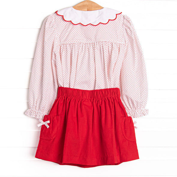 Bleu: Dottie Decor Smocked Long Sleeve Skirt Set, Red