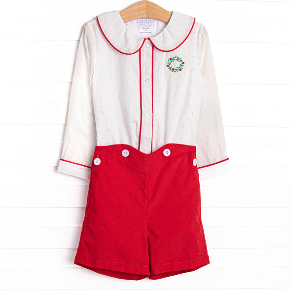 Bleu: Yuletide Tidings Embroidered Short Set, Red