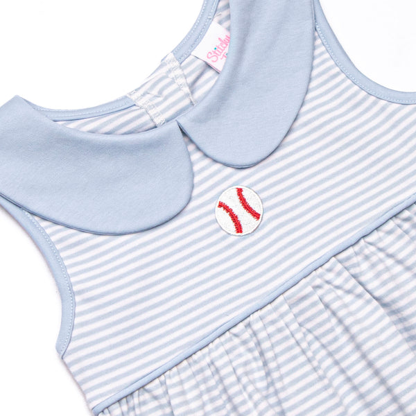 Baseball Pima Embroidered Ruffle Short Set, Blue