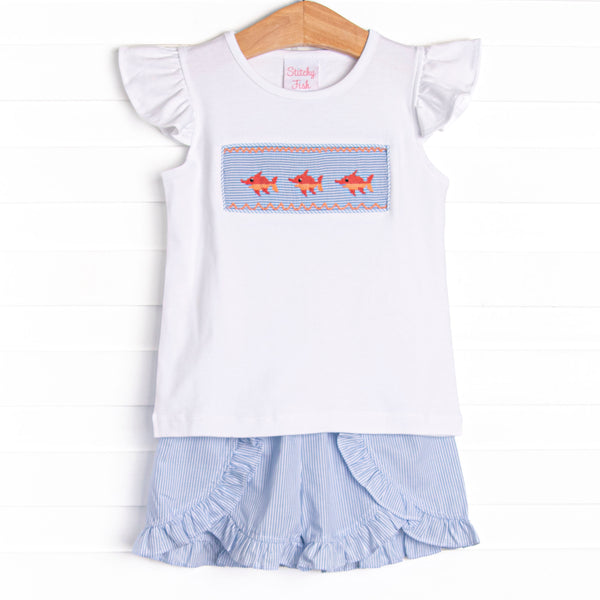 Marlin Marina Smocked Ruffle Short Set, Blue