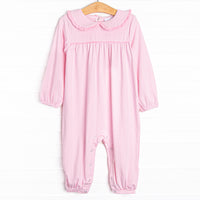  This romper features a pink stripes, a peter pan collar with ruffle trim, and snaps on the stride to make changing a breeze. 