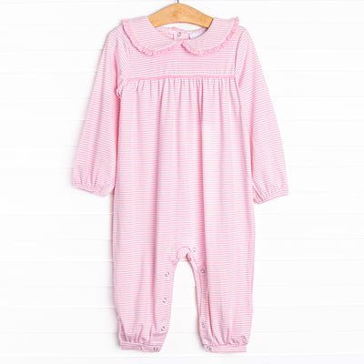  This romper features a pink stripes, a peter pan collar with ruffle trim, and snaps on the stride to make changing a breeze. 