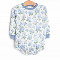 This sweatshirt bubble features a blue hydrangea print, blue trim, and the coziest fleece material.