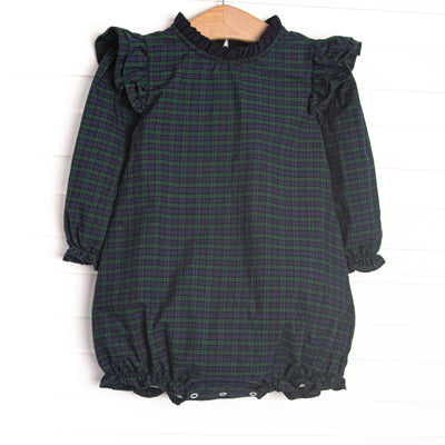 This bubble features navy and green plaid, ruffle trim, and long sleeves.