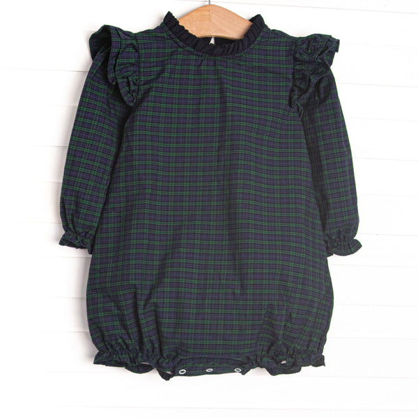 This bubble features navy and green plaid, ruffle trim, and long sleeves.