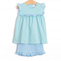 Bonnie Ruffle Short Set, Light Blue and Mint Stripe