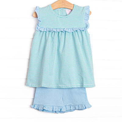 Bonnie Ruffle Short Set, Light Blue and Mint Stripe