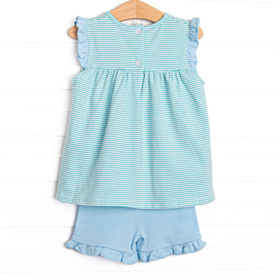 Bonnie Ruffle Short Set, Light Blue and Mint Stripe
