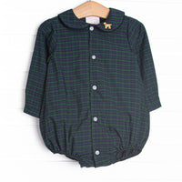 This bubble features navy and green plaid, a square collar, and puppy embroidery.