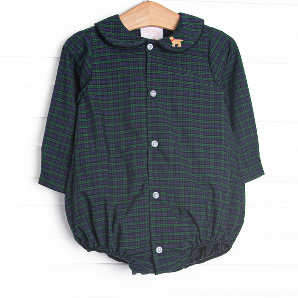 This bubble features navy and green plaid, a square collar, and puppy embroidery.