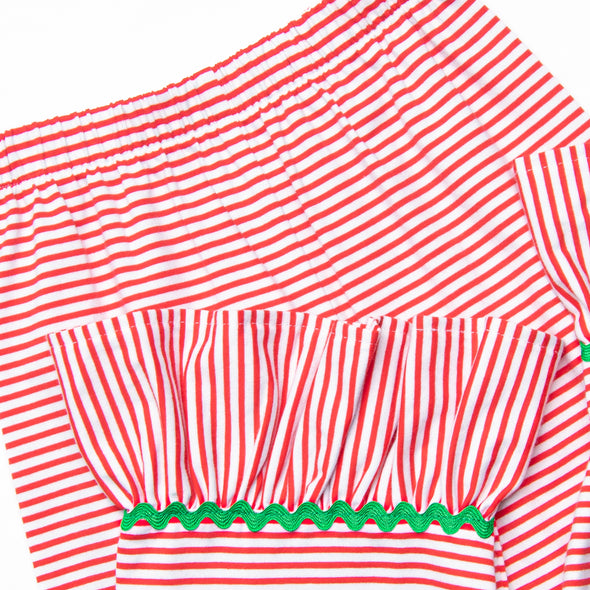 Smocked Santa Ruffle Lounge Set, Red Stripe