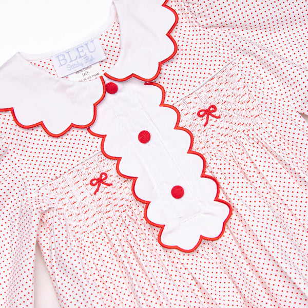 Bleu: Dottie Decor Smocked Long Sleeve Bubble, Red