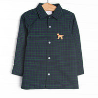  This button up features navy and green plaid, a square collar, and puppy embroidery. 
