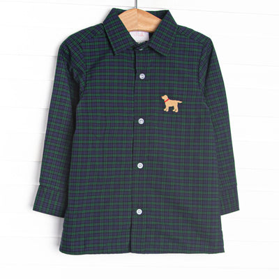  This button up features navy and green plaid, a square collar, and puppy embroidery. 