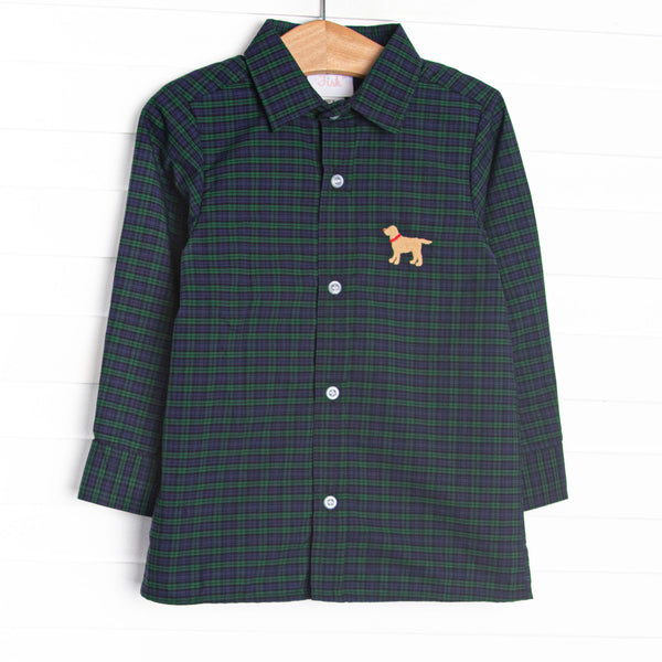  This button up features navy and green plaid, a square collar, and puppy embroidery. 