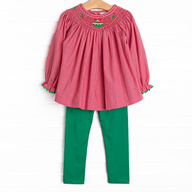 Ornamental Occasion Smocked Legging Set, Red Mini Gingham